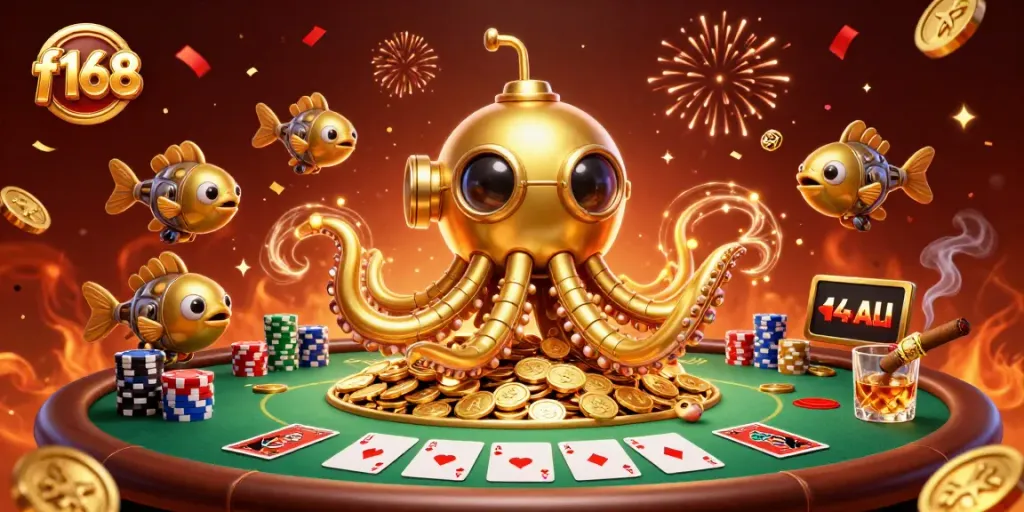 Experience excitement at f168 with a golden kraken submarine emerging from golden coins surrounded by poker elements.