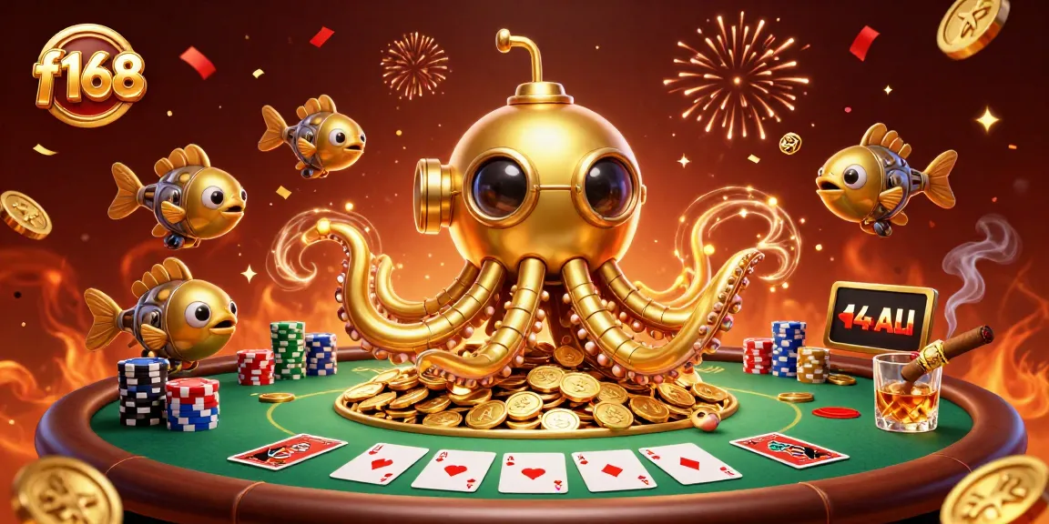 Experience excitement at f168 with a golden kraken submarine emerging from golden coins surrounded by poker elements.