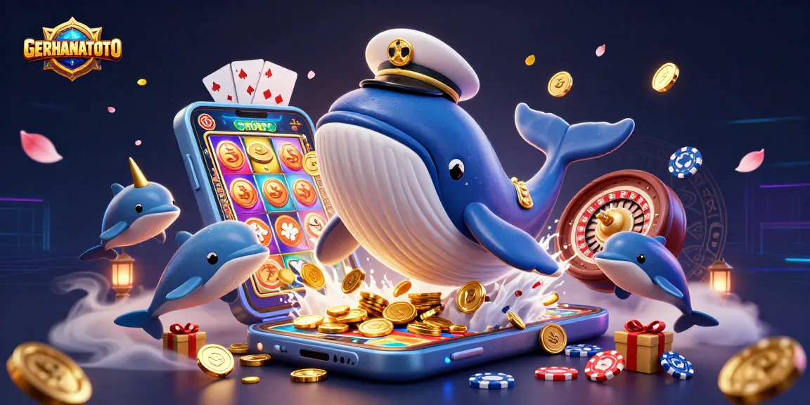 GERHANATOTO menghadirkan ilustrasi kasino 3D dengan paus besar, narwhal, dan lumba-lumba bermain chip poker.