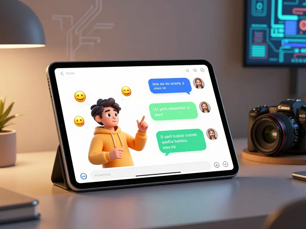 Engaging porn chat AI conversation on a sleek tablet, vibrant emojis.