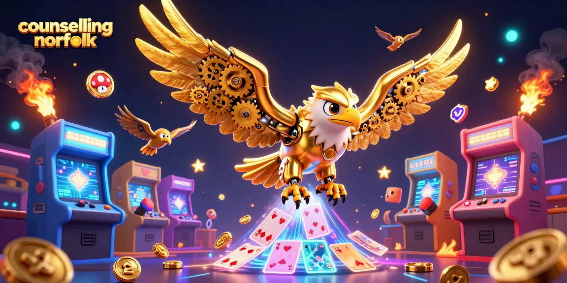 Cascade of playing cards and a golden eagle symbolize counselling norfolk's paths to recovery in a vibrant gaming world.
