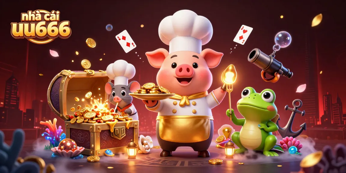 Experience the thrill of nhà cái uu666 as a chef pig serves gold coins in a vibrant casino scene.