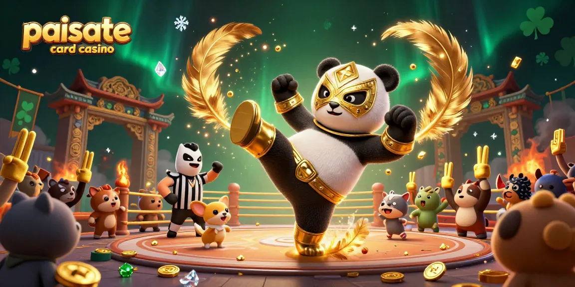Fesselnde Szene in einem Paysafe Card Casino mit einem Panda-Ringer und einem Chihuahua-Schiedsrichter inmitten einer festlichen Menge.