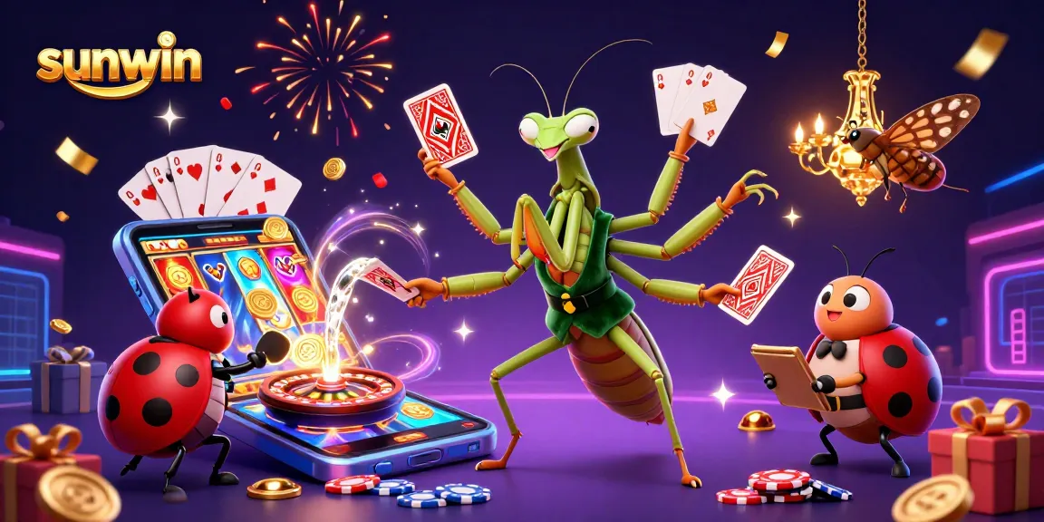 Engage with sunwin’s thrilling gaming experience as the mantis dealer shuffles cards amidst gold coins and festive confetti.