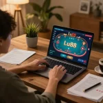 Play poker online at Lu88 with an engaging home gaming setup and interactive interface.