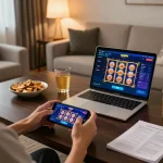 Person enjoying mobile gambling on SC88E app in cozy home setting with snacks and warm lighting