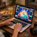 Engaging in online slot games at home with jus77 atmosphere, showcasing excitement and strategy.