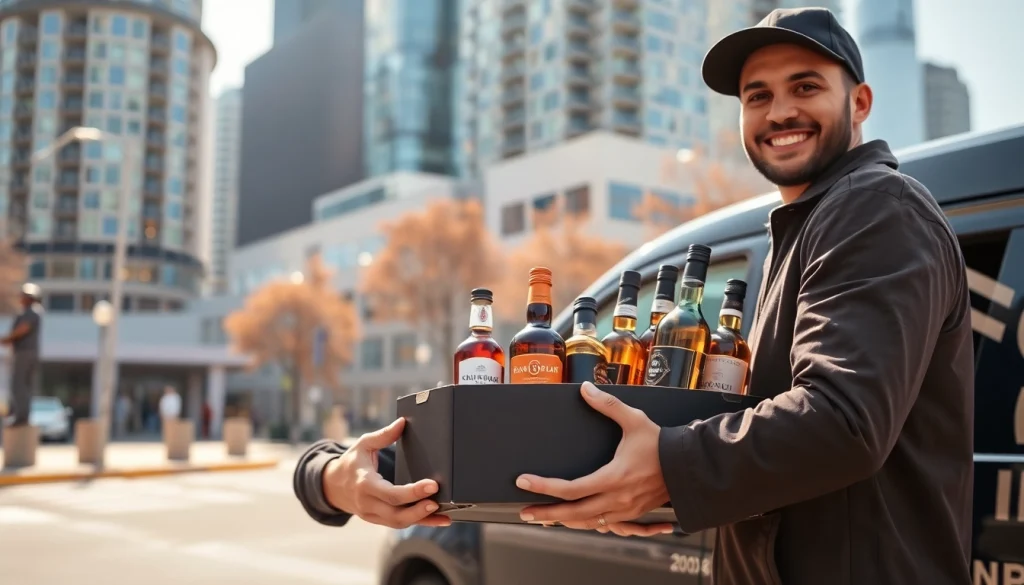 Liquor delivery Toronto featuring a smiling driver handing a box of assorted beverages in an urban setting.