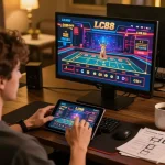 Engaged user exploring gaming options on LC88 com in a cozy home office.