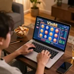 Engaging in Vin88 online casino gaming at home with vibrant slot interface.