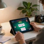 Sky88co player enjoying online poker in a cozy home setting with tablet and strategy notes.