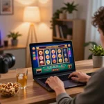 Engaging online casino gameplay with sunwingo player focused on laptop, colorful slots displayed.