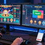 Engagierter Spieler in einer Paysafe Card Casino-Umgebung, der Dual-Monitore nutzt, um Spieloptionen zu erkunden.