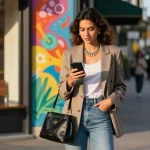 Fashionable young woman in urban setting showcases trendy outfit with vibrant city backdrop.
