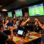 Kết quả bóng đá updates lighting up a vibrant sports bar, excited fans cheering and celebrating
