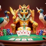 Hitclub poker scene featuring an Egyptian pharaoh cat, vibrant chips, and dynamic gameplay elements.