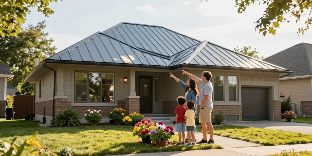 Family admiring their new steel roofing Mississauga, showcasing energy efficiency and design in a cozy suburban home.