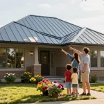 Family admiring their new steel roofing Mississauga, showcasing energy efficiency and design in a cozy suburban home.