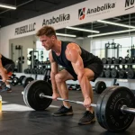 Anabolika Shop Deutschland - Bodybuilder hebt Gewichte in einem modernen Fitnessstudio und zeigt Engagement für Fitness.