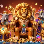 Experience the thrill of gambling at SKY88 COM with a lively casino scene featuring a lion king and treasure.