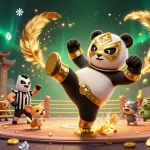 Fesselnde Szene in einem Paysafe Card Casino mit einem Panda-Ringer und einem Chihuahua-Schiedsrichter inmitten einer festlichen Menge.