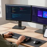 快连's tech workspace showcasing innovative coding environment with dual monitors and natural light.