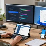 Dynamic workspace showcasing Telegram下载 on various devices, capturing a modern tech environment.