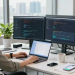 快连 software development workspace with coding monitors and app interface