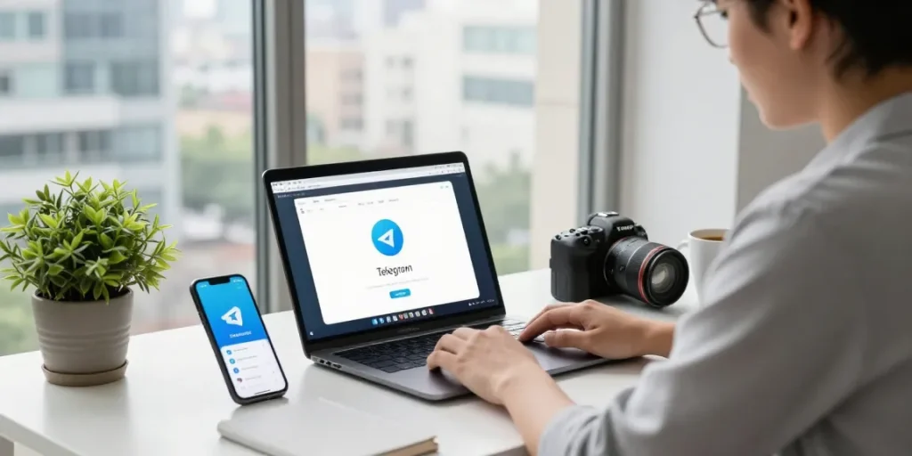 Seamless Telegram download experience in a modern home office setting with a laptop and smartphone.