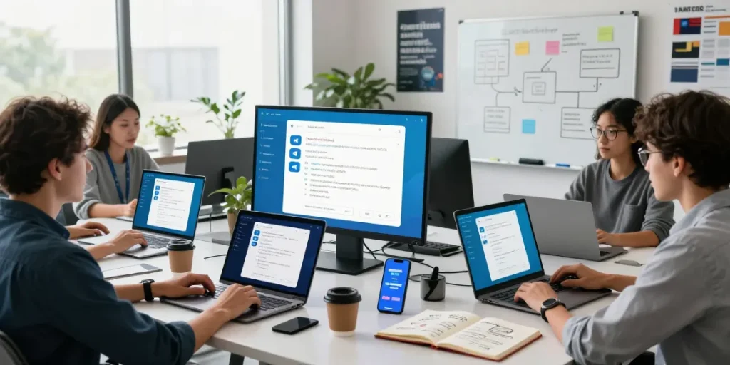 Telegram Download showcased in a dynamic workspace, emphasizing collaboration and advanced messaging features.