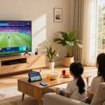 Family enjoying IPTV sports streaming in a stylish living room with HD content