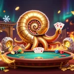Experience poker online excitement with a vibrant 3D illustration of giant nautilus and glowing ammonite companions.