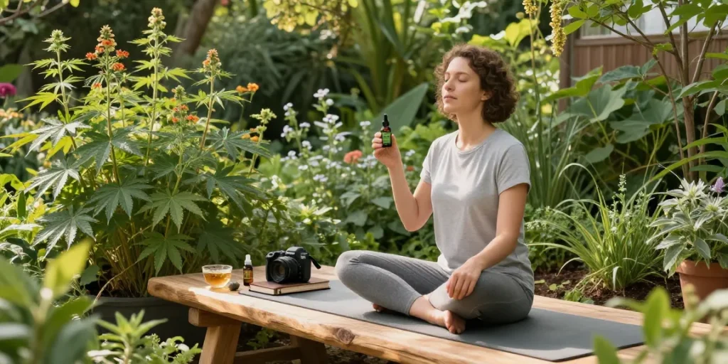 semena Ministry of Cannabis in a serene garden scene with CBD oil, hemp plants, and wellness items promoting natural health.