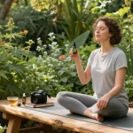semena Ministry of Cannabis in a serene garden scene with CBD oil, hemp plants, and wellness items promoting natural health.