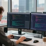 快连技术支持团队在现代化办公室环境中工作，展示高效的网络加速解决方案。