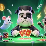 Engage with 58win in this vibrant 3D casino scene featuring a bulldog dealing cards and crypto coins.