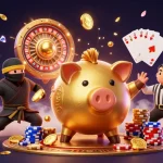 Engage in thrilling gameplay at tải hitclub with dynamic characters and cascading coins in a vibrant casino scene.