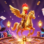 Experience the excitement of the best payout online casinos with a vivid illustration of a golden rooster and dazzling casino elements.