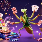 Engage with sunwin’s thrilling gaming experience as the mantis dealer shuffles cards amidst gold coins and festive confetti.