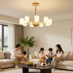 Candelabru living modern în sufrageria elegantă, iluminând atmosfera caldă.