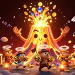Experience thrilling excitement at ea88 with vibrant treasures erupting from a golden volcano in this 3D illustration.