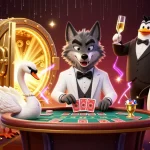 Experience instant withdrawal casino excitement with a sleek wolf, swan dealer, and penguin sommelier.
