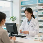 Helping customer at medical stores with prescription in a clean pharmacy setting.