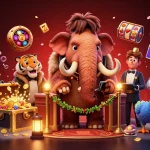 Sun win casino illustration with a mammoth bouncer, saber-tooth tiger VIP, and dodo doorman.