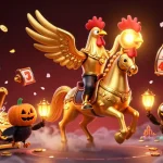 Explore luck8 with a dynamic scene featuring golden rooster and ghostly horse in a casino.