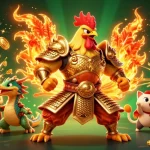 Spinning reels in the link Hz88 casino with a golden rooster and dragon hatchling energizing the scene.