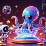 Experience the exciting world of xổ số 33win with a vibrant alien octopus running a holographic lottery.