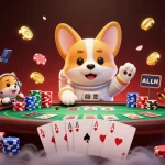 LUCK8 catches thrilling moments in a dynamic casino scene with an astronaut corgi and gaming excitement.