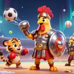 Engage in thrilling gameplay on luckywin, showcasing gladiator characters among vibrant casino elements.
